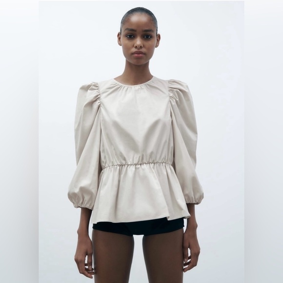 Zara Beige Round Neck Below-The-Elbow Balloon Sleeves OpenBack Self Tie Top Sz L - Picture 1 of 17